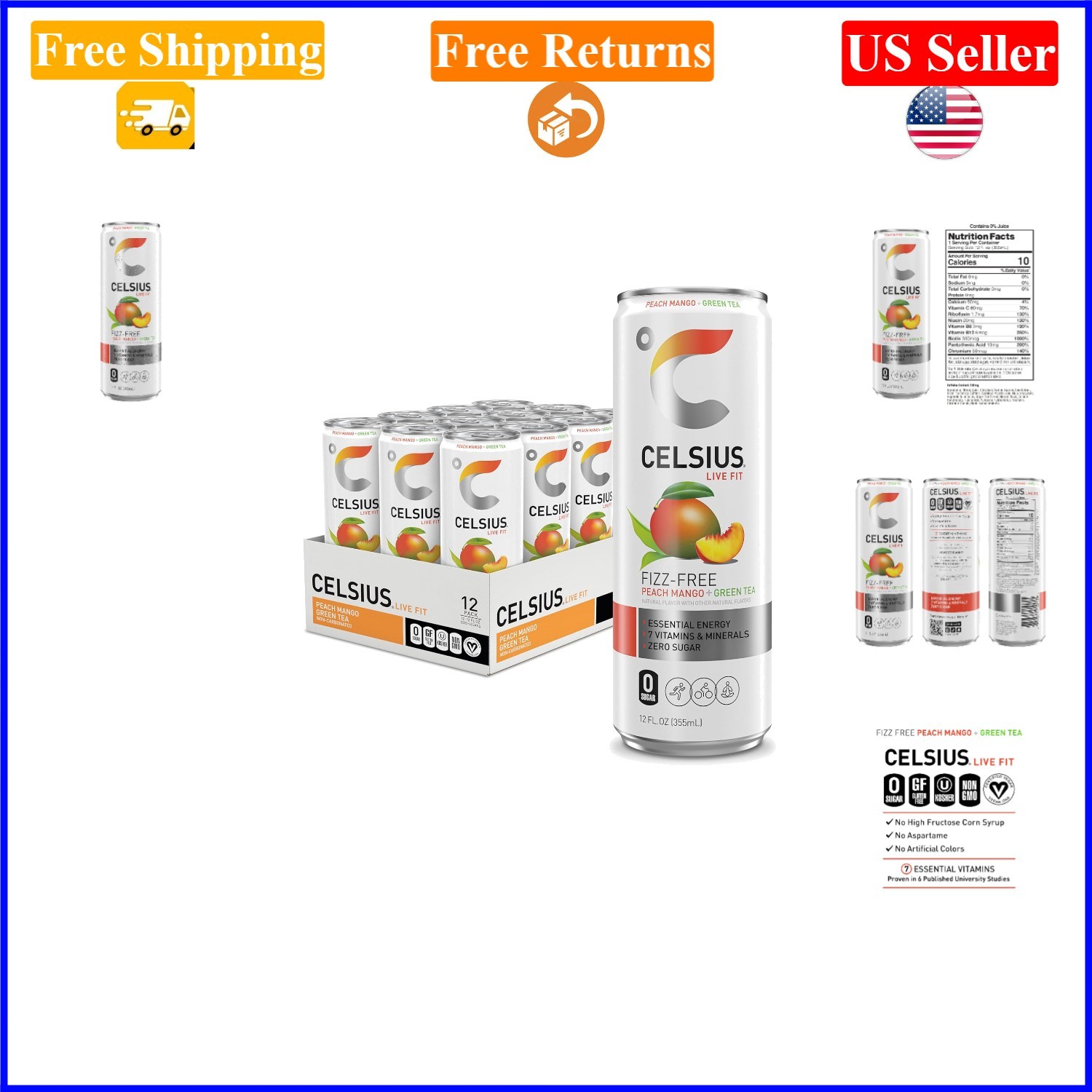 Peach Mango Green Tea Energy Drink 12 Pack, 12 oz, , No Sugar