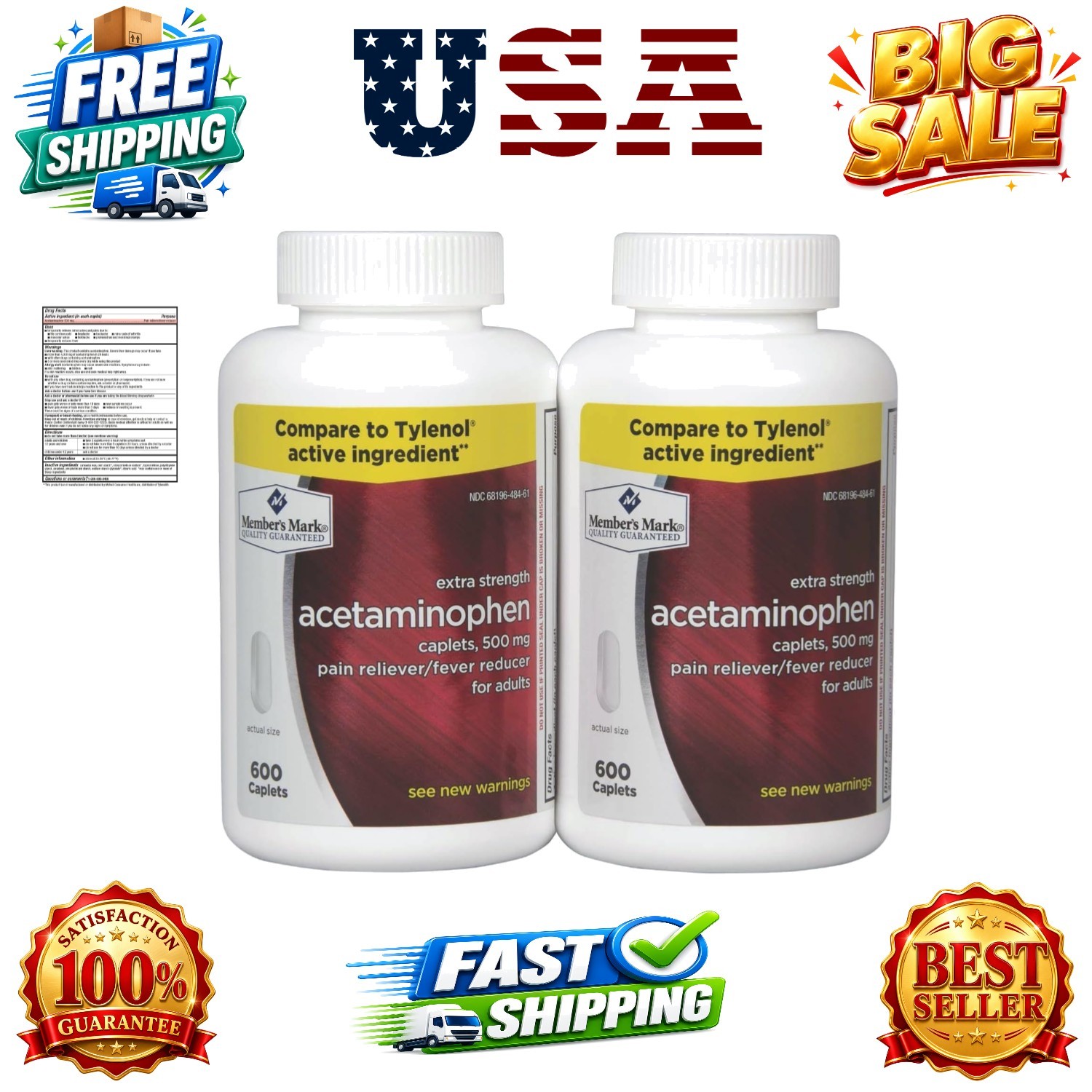 Acetaminophen, 1200 Caplets, Pain Reliever, 500 mg