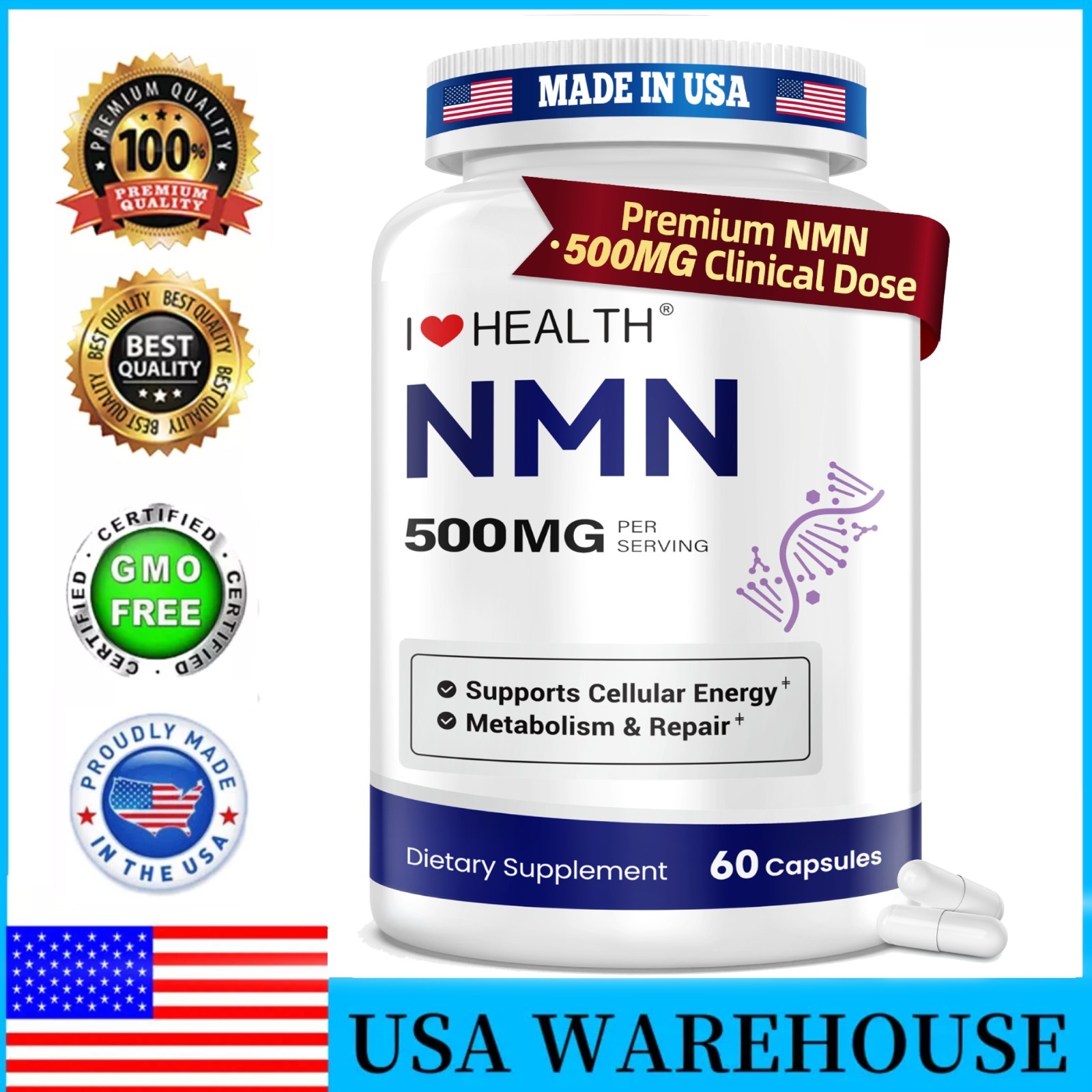 NMN 500mg 60 Capsules – Extra Strength NAD+ Booster Dietary Supplement
