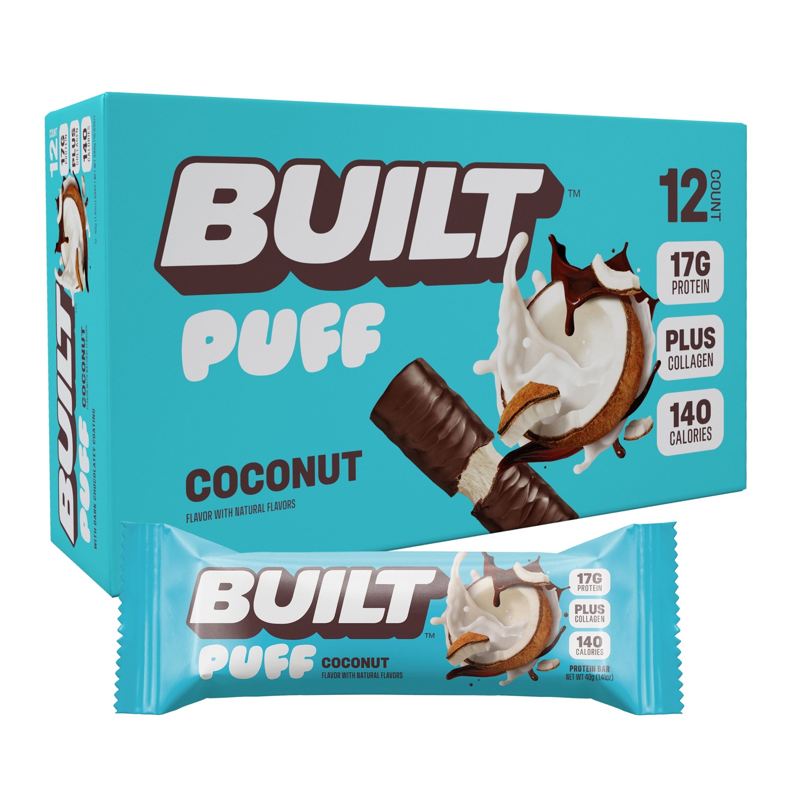Built Puff Coconut Protein Bars 12 Count 17g Protein Plus Collagen