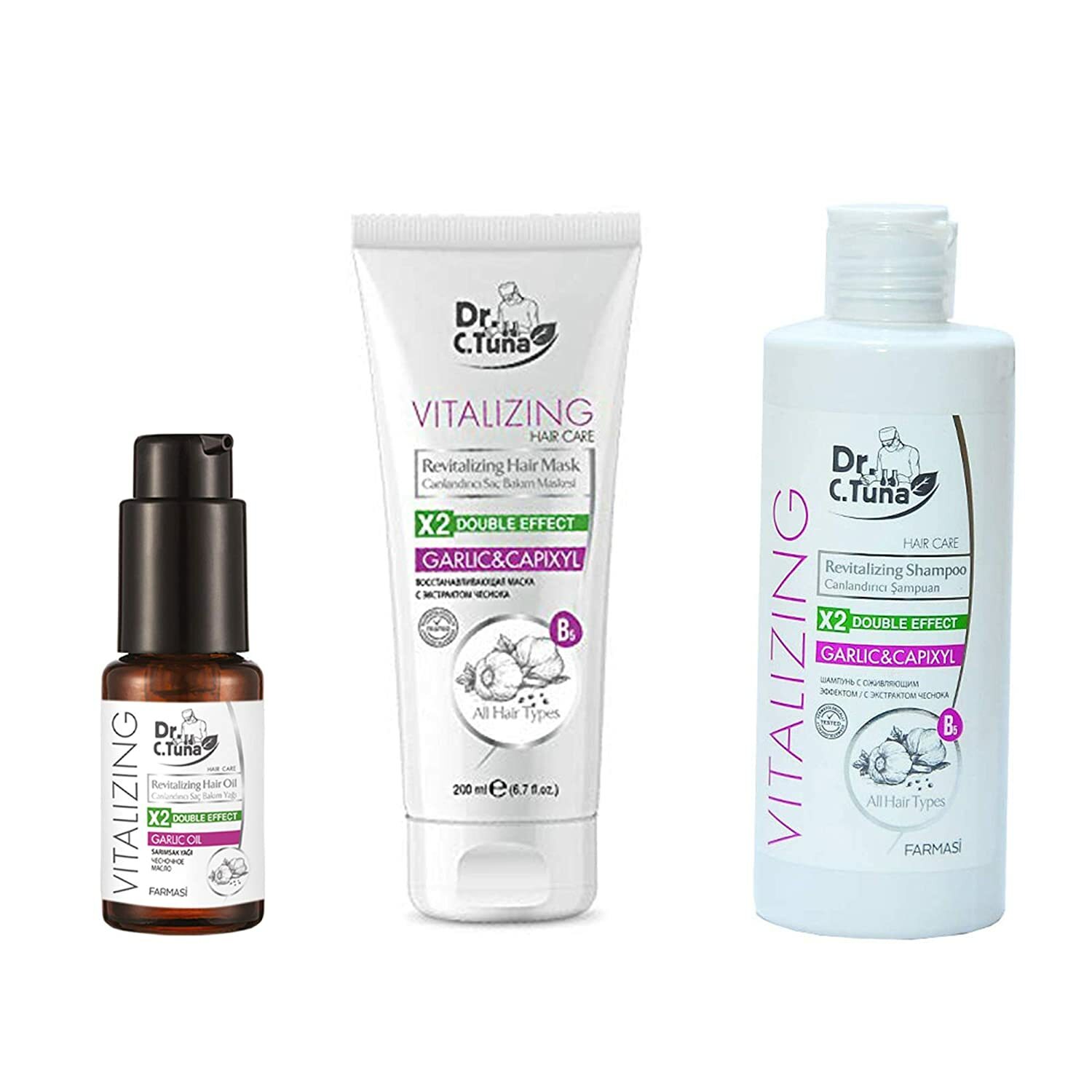 Farmasi Dr. C. Tuna Hair Care Revitalizing Garlic &Capixyl SET/ Shampoo-Mask-Oil