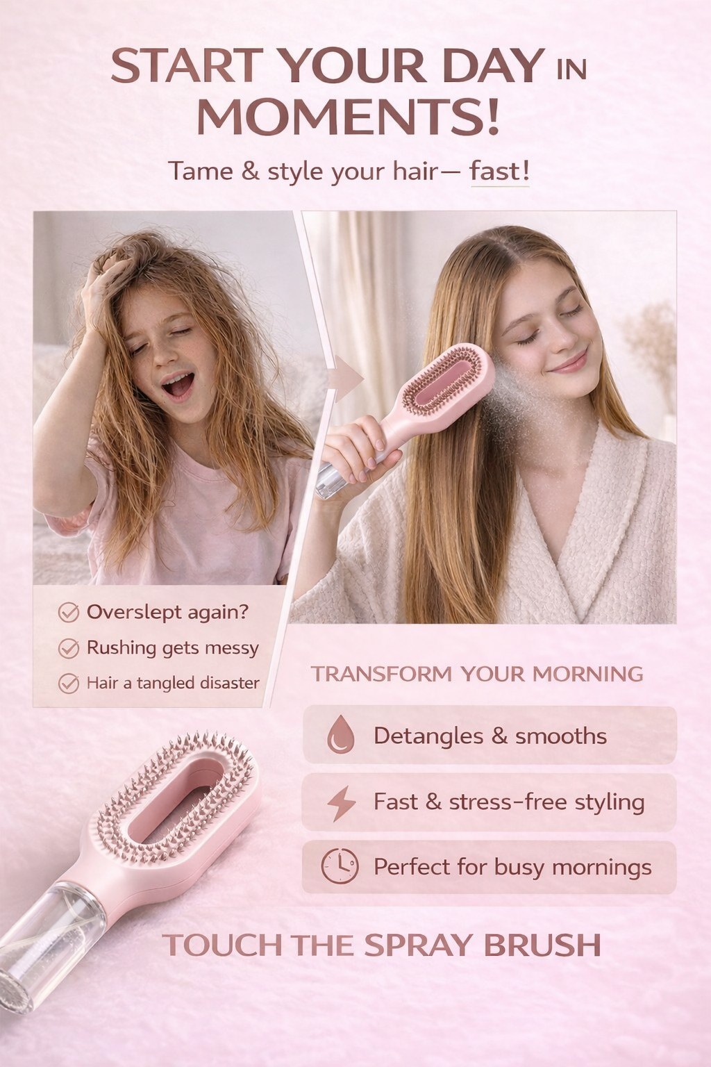 SPRAY HAIR BRUSH Detangler Portable Water Mist Comb Anti Frizz Brush and Comb