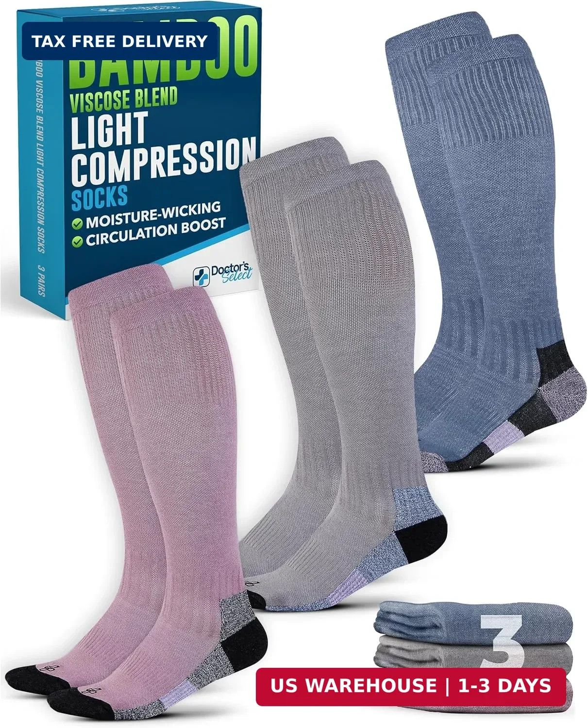 Doctor’s Select Bamboo Viscose Light Compression Socks for Women & Men – 3 Pairs