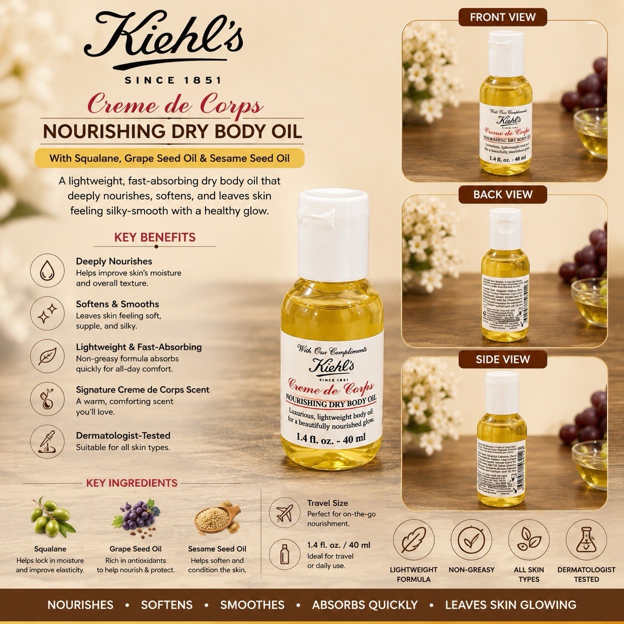 Kiehl’s Dry Body Oil/ 40 ml Travel Size Lightweight Hydrating Body Oil