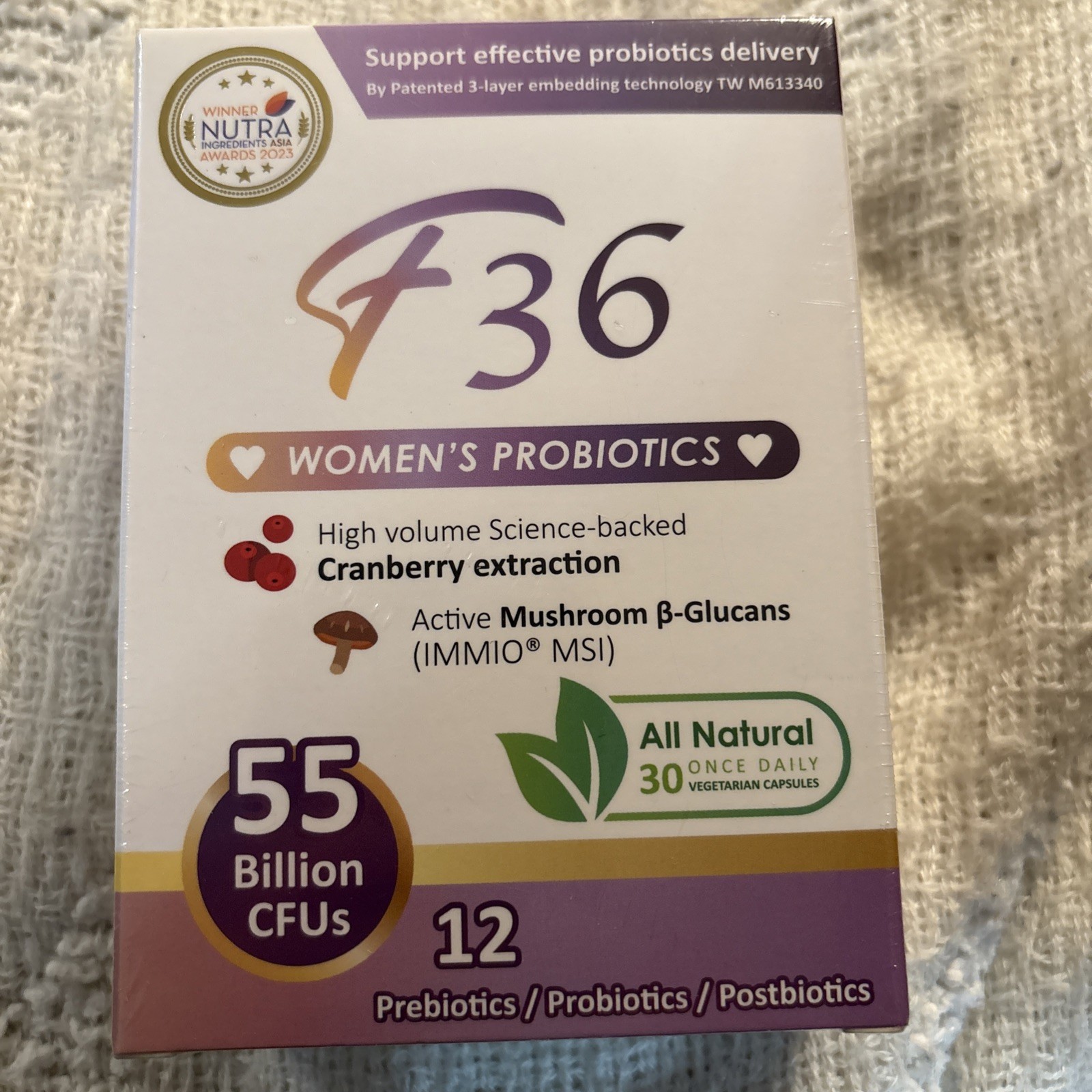 F36 Probiotics for Women, 55 Billion CFU, Mushroom, New, Exp. 9/10/26