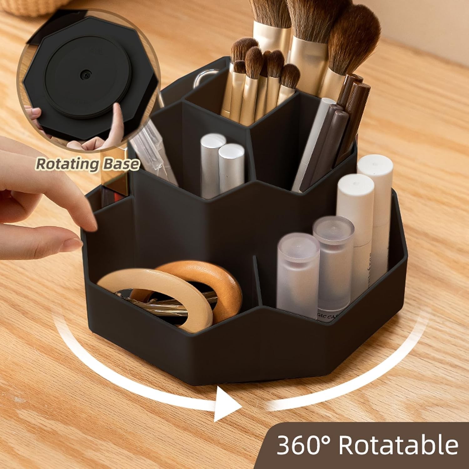 360° Rotating Black Makeup Brush Holder Organizer with 9 Slots,Makeup Organizers