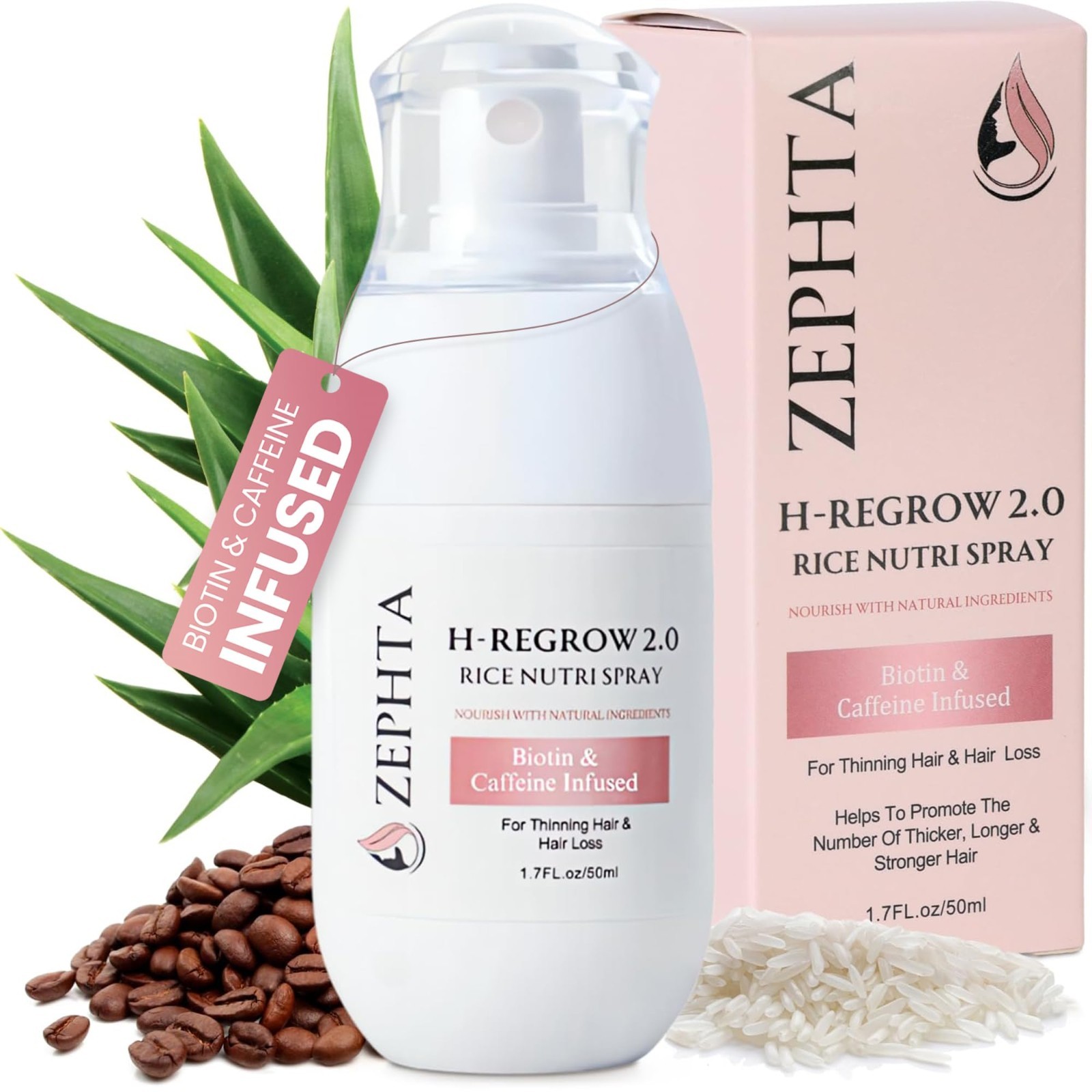 Zephta H-Regrow 2.0 Rice Nutri Spray 1.7 oz | Biotin + Caffeine Thin Hair Scalp
