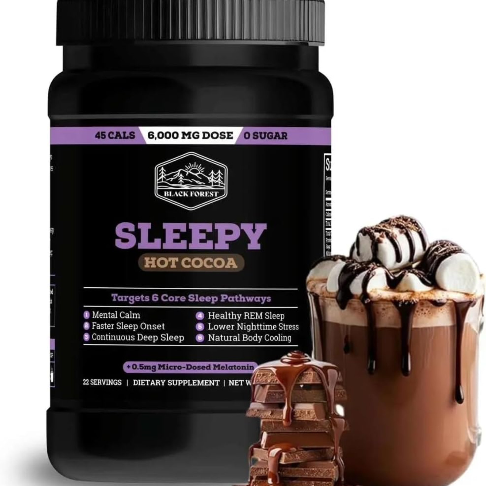 Black Forest Sleepy Hot Cocoa Magnesium Sleep Powder Melatonin 22 Servings
