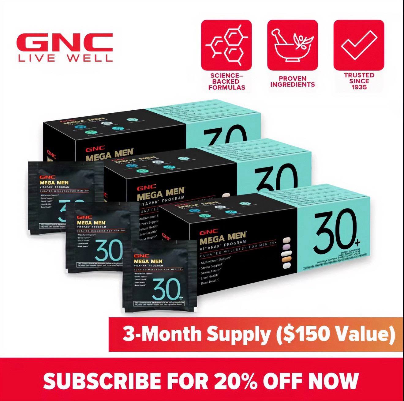 GNC Mega Men Vitapak Program 30+ Multivitamin 3 Pack