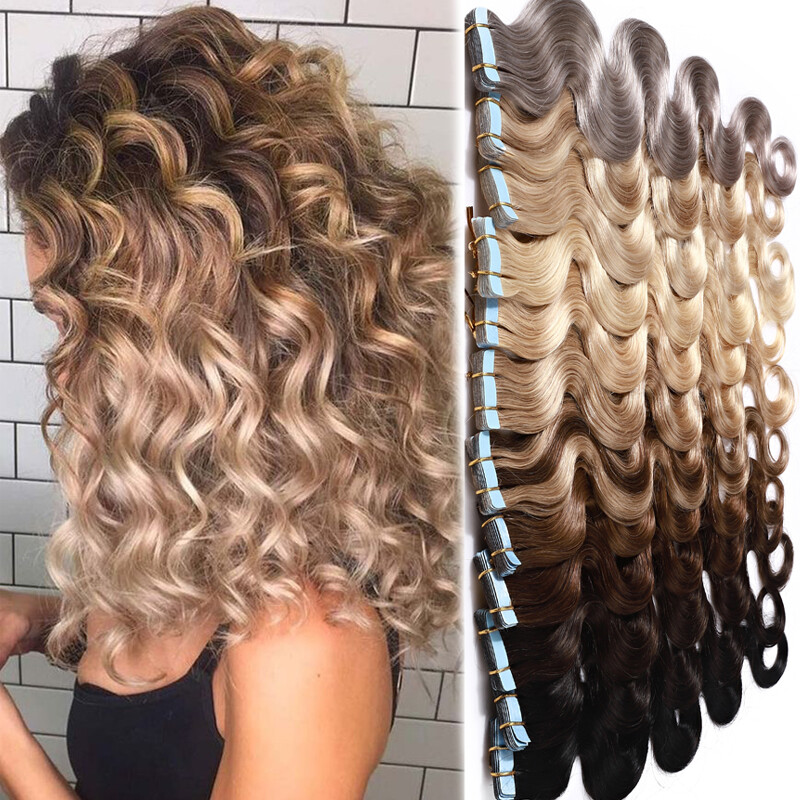 Wavy Tape In 100% Real Human Hair Extensions Curly Body Wave Wavy Skin Weft 150g