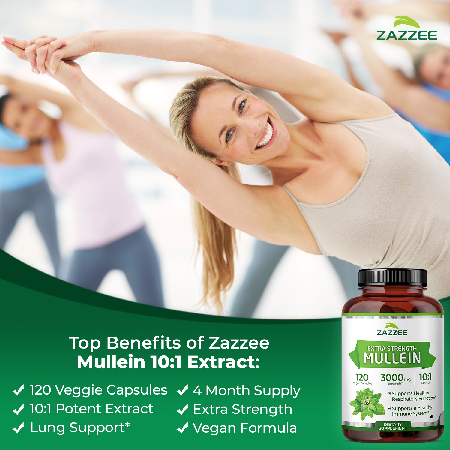 Zazzee Extra Strength Mullein 10:1 Extract, 3000 mg Strength, 120 Vegan Capsules