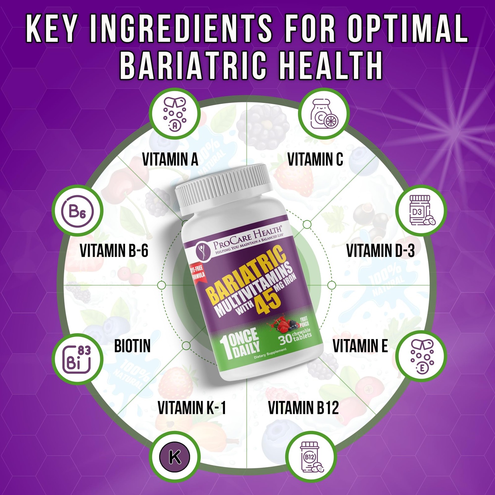 Multivitamina Bariatrica | Masticable | 45 Mg L Ponche De Frutas | 30 Unidades