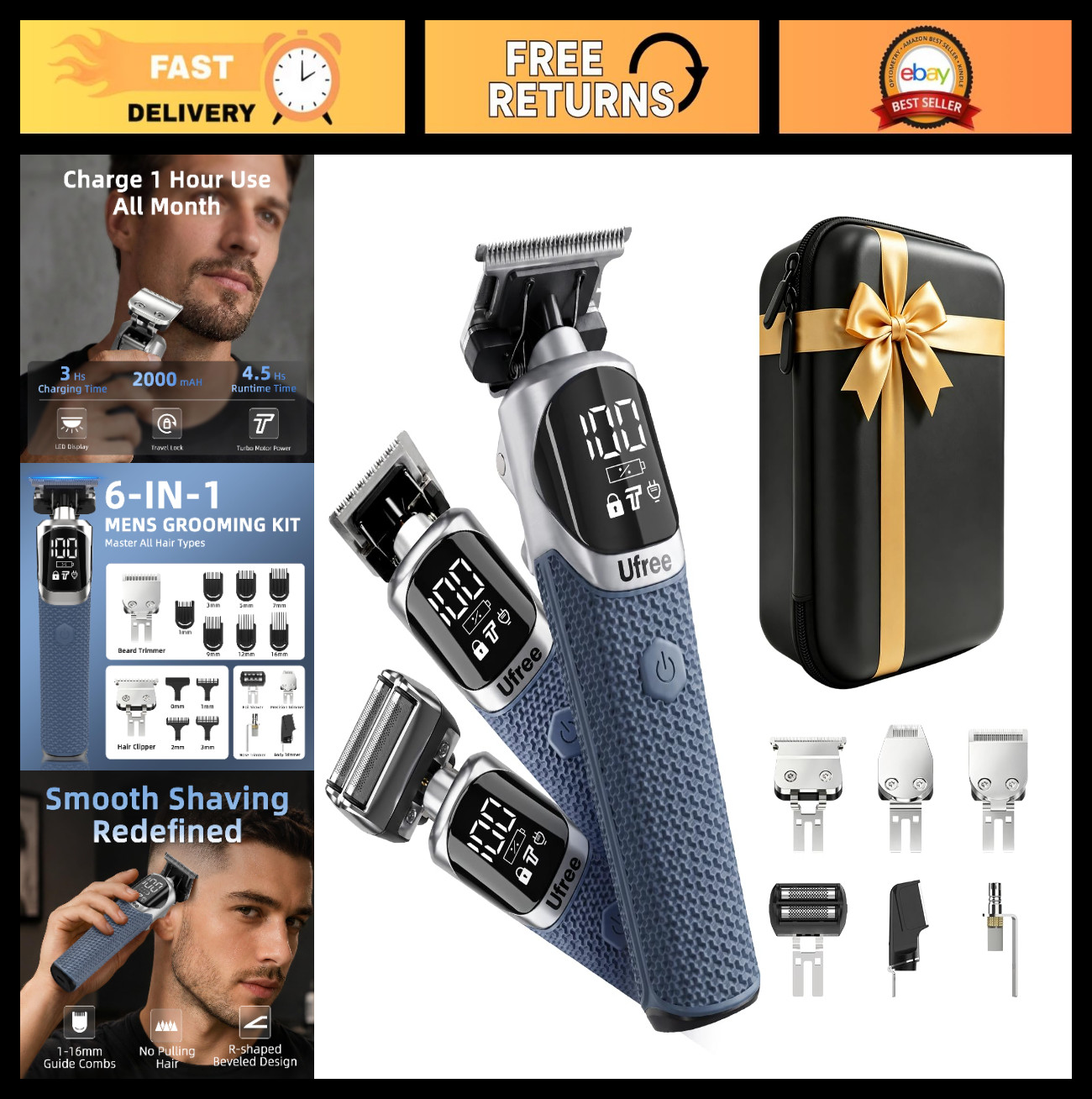 6-in-1 Waterproof Beard Trimmer & Electric Shaver Kit, LED Display, Type-C, 4.5H