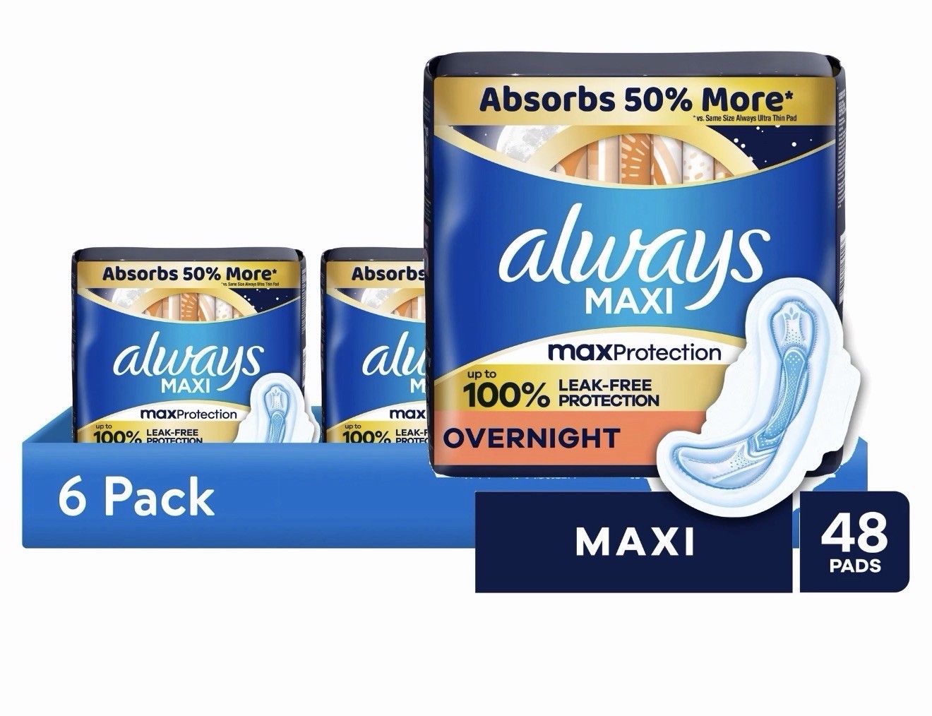 6-PACK , Always Maxi Overnight Pads with Wings, Size 4, 48 Count, 288 total