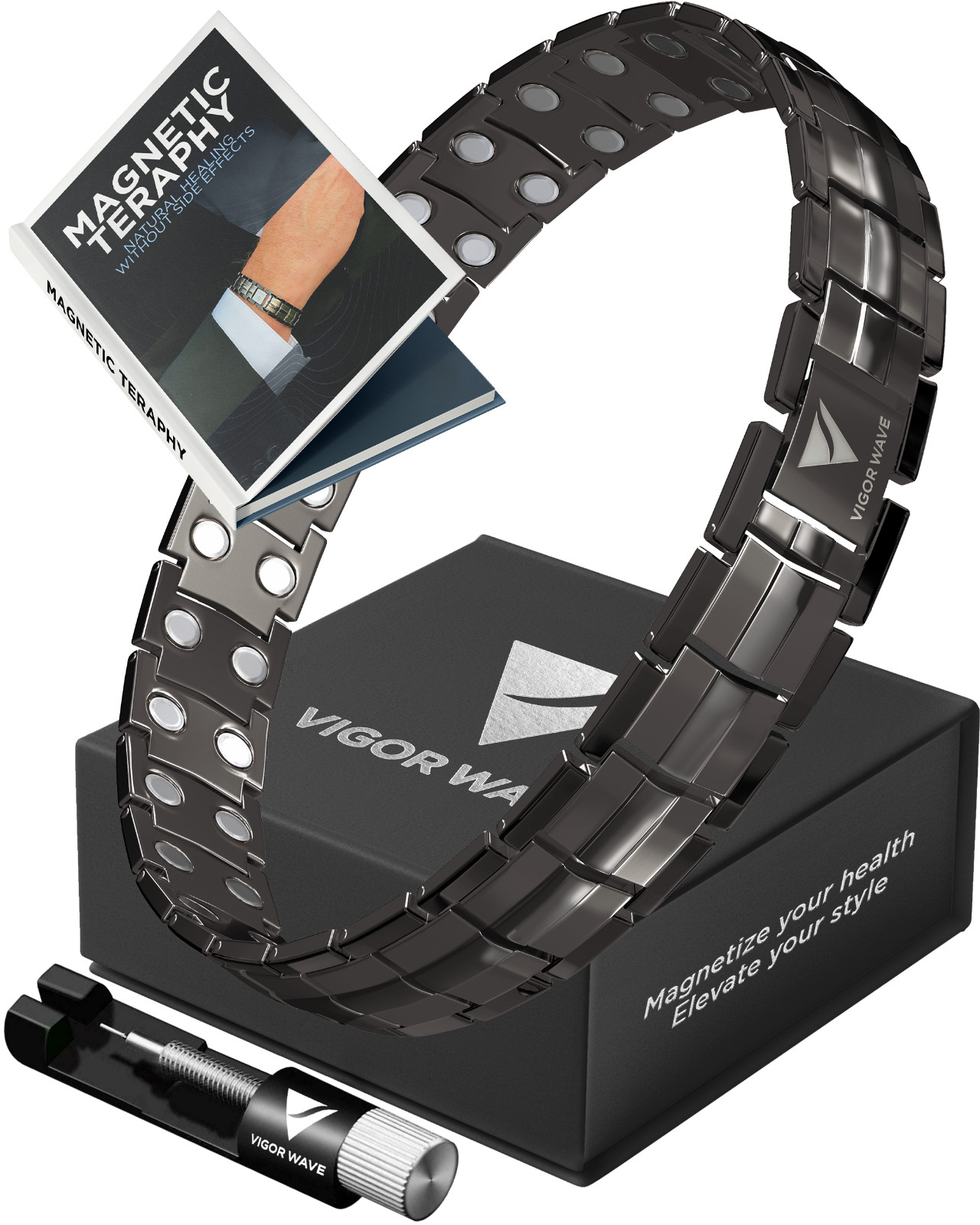 Vigor Wave® Magnetic Therapy TITANIUM Bracelet for Men, Gunmetal [OPEN BOX]