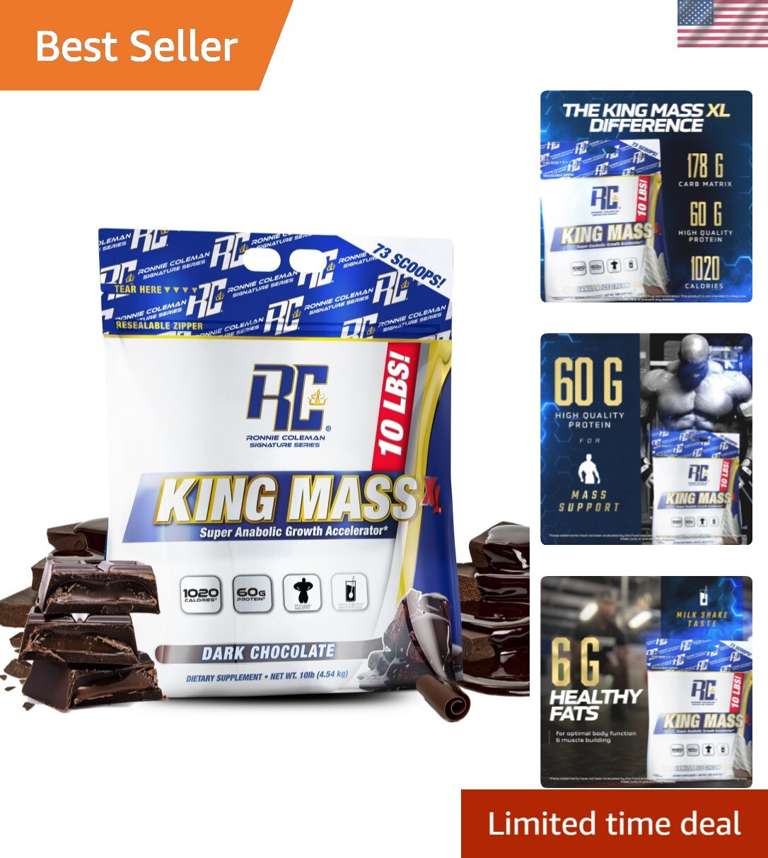 King Mass XL Gainer with 2.16oz Protein and 1,000+ Calories – Chocolate Flavor