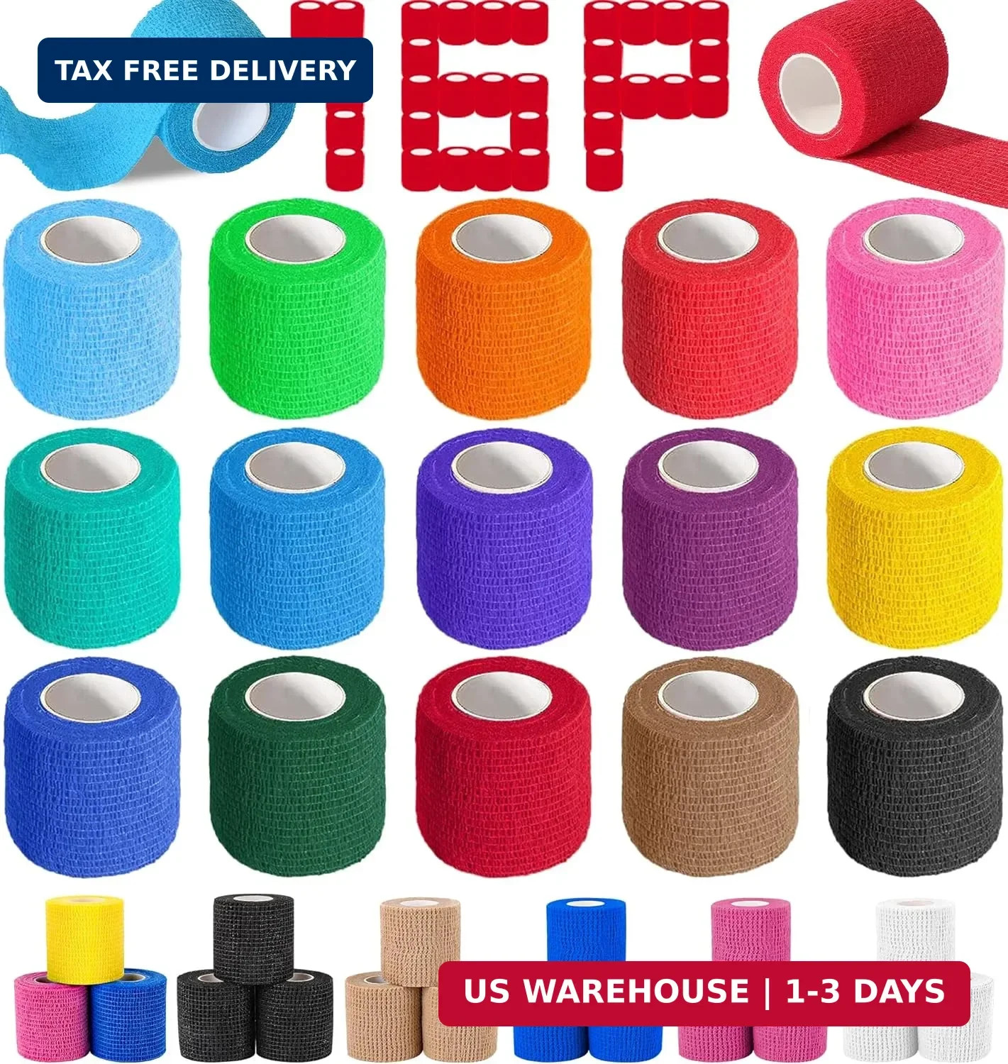 AZEN 16 Pack Self Adhesive Bandage Wrap, 2″ X 5 Yards Elastic Cohesive Bandage W