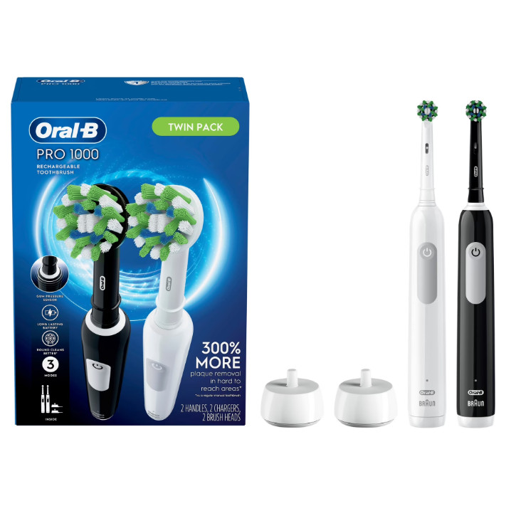 Oral-B Pro 1000 CrossAction Electric Toothbrush, Black/White – 2 Count