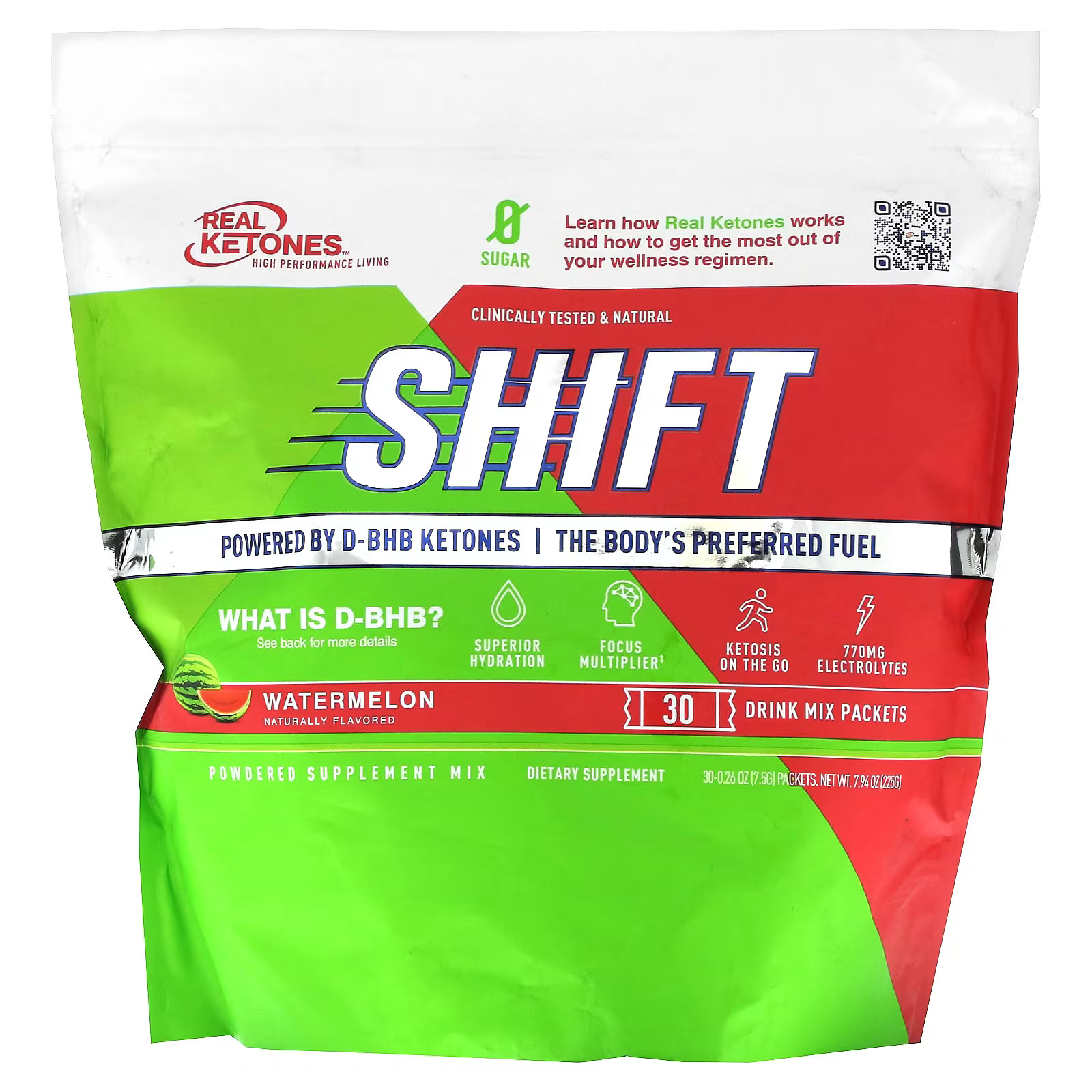 2 X Real Ketones, Shift, Watermelon, 30 Drink Mix Packets, 0.26 oz (7.5 g) Each