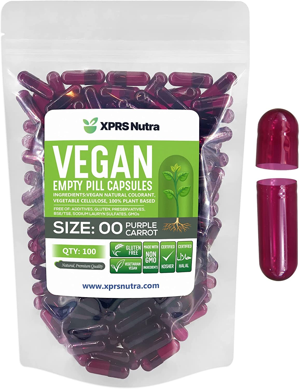 Size 00 Purple Carrot Empty Vegan Capsules Vegetarian Veggie Kosher Pills Caps