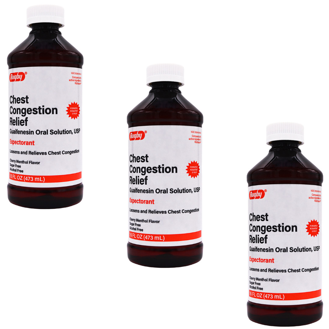 Rugby Chest Congestion Relief Guaifenesin 100mg Cough Syrup – 16 Fl Oz – 3 Pack