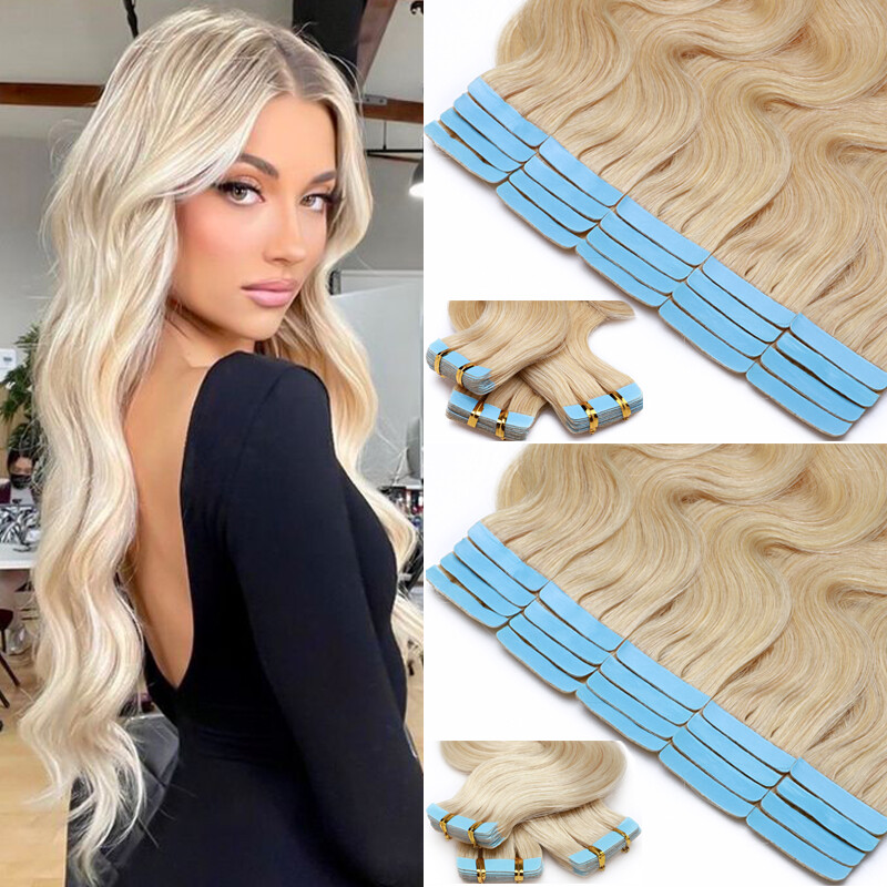 Wavy Tape In 100% Real Human Hair Extensions Curly Body Wave Wavy Skin Weft 150g