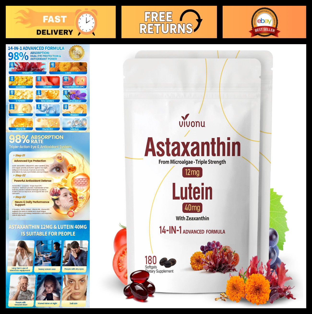 14-in-1 Astaxanthin 12mg & Lutein 40mg Supplements – Eye, Skin, Joint Health, No