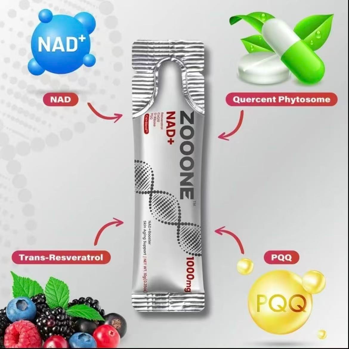ZOOONE 1000mg NAD+ Berry Flavor Drink Mix for Skin Aging Support, Energy