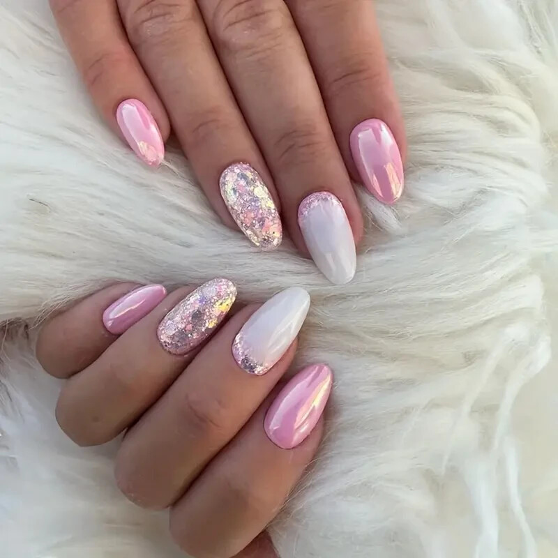 24pcs Glossy Medium Oval Fake Nails, Aurora Pink Gradient Press On Nails