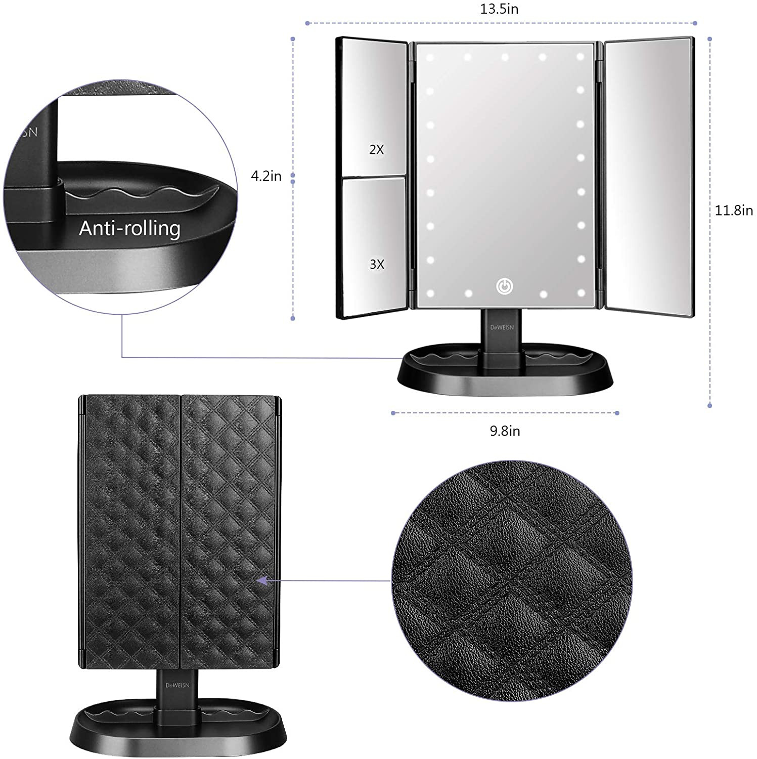 Trifold Lighted Vanity Makeup Mirror with 21 Leds Lights,1X/2X/3X Magnification