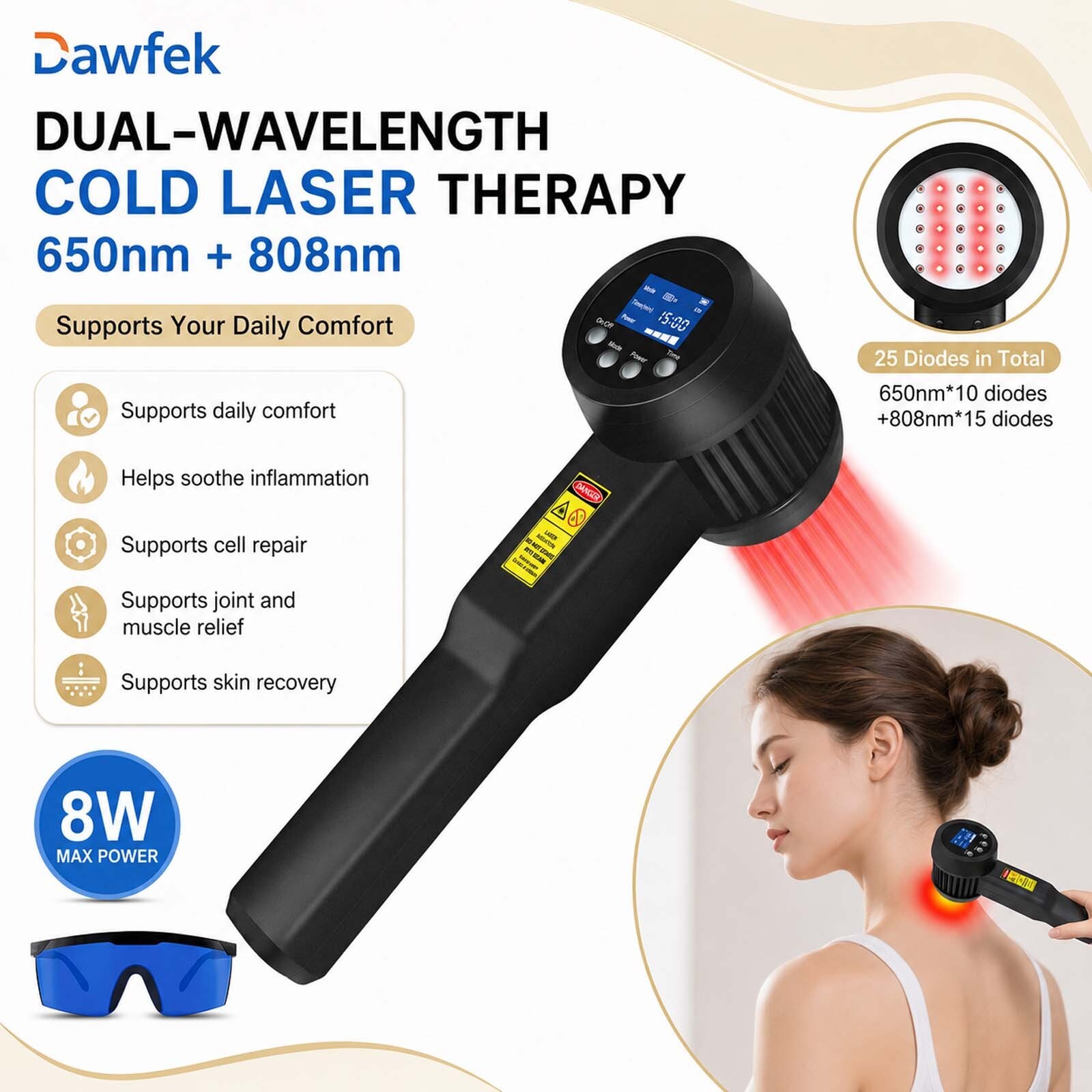 8W Handheld Cold Laser LLLt Therapy 650nm 808nm for Back Knee Joint Muscle Pain