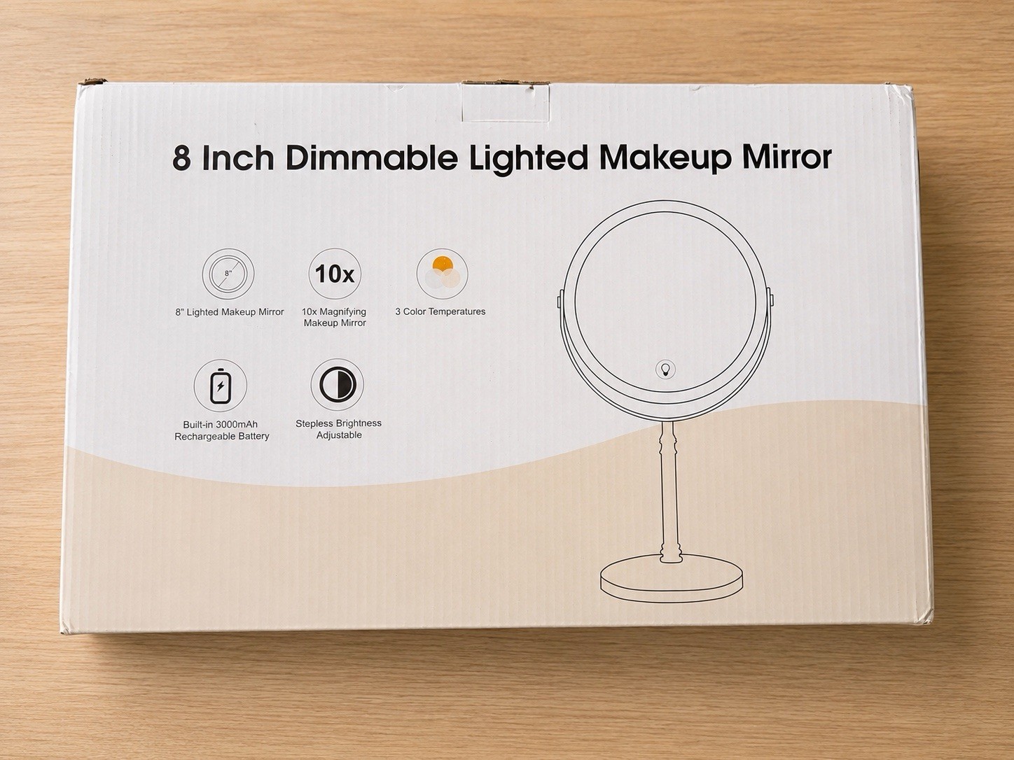 8in Round LED Makeup Mirror 10X Magnifying Dimmable Rechargeable 3-Color