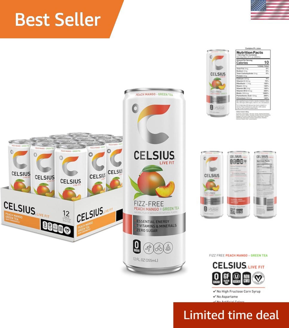 Fizz Free Peach Mango Green Tea, Sugar Free Energy Drink, 12 Fl Oz Pack of 12