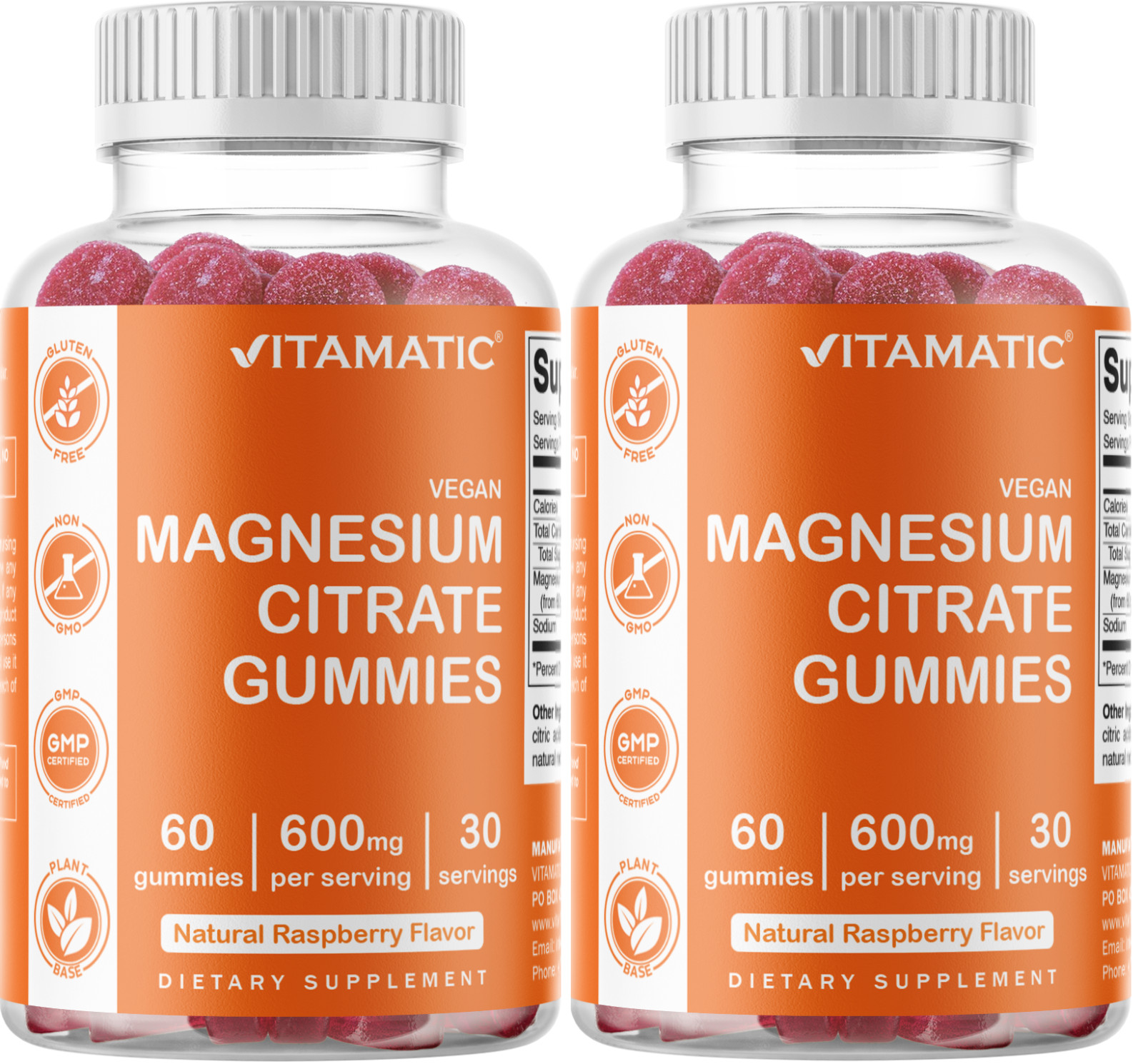 2 Pack Vitamatic Magnesium Citrate Gummies 600mg per Serving – 60 Vegan Gummies