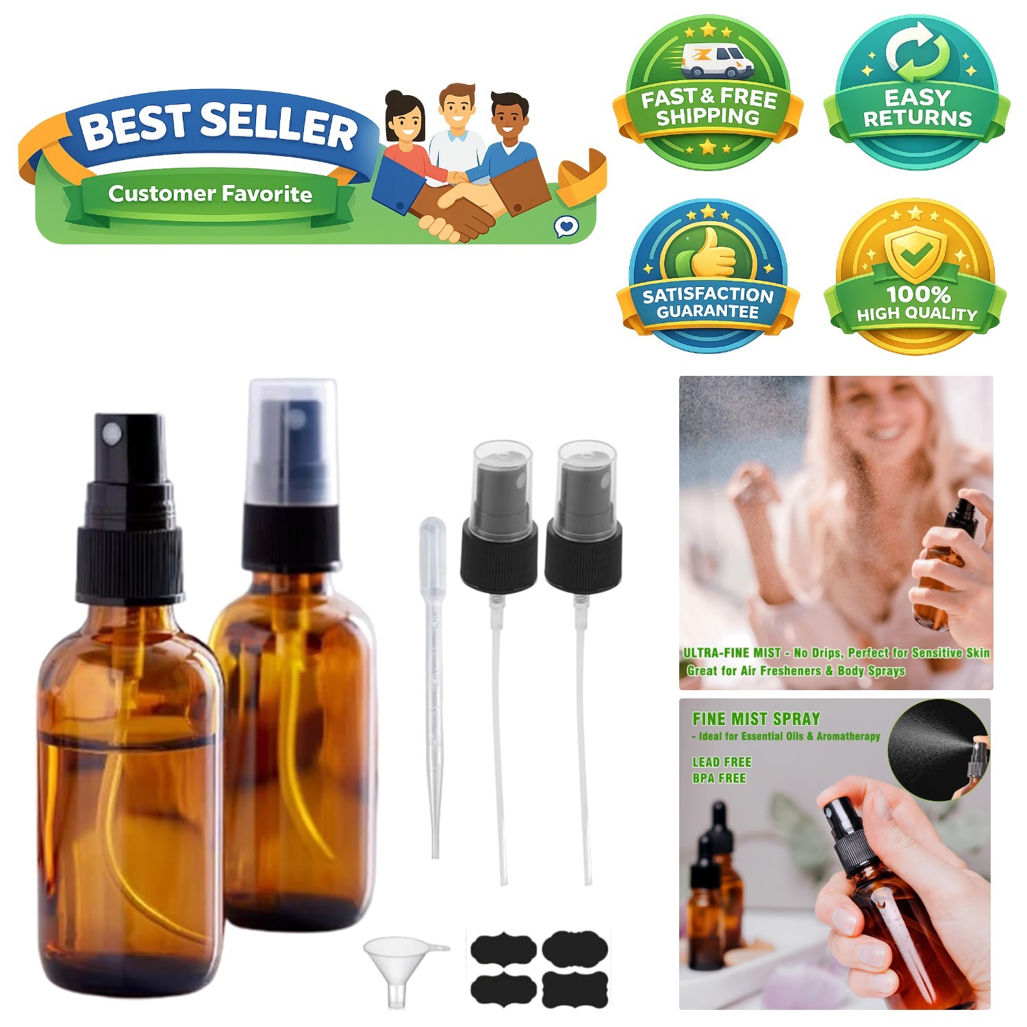 2oz Amber Glass Spray Bottles: Leakproof & Multi-Purpose Design for DIY
