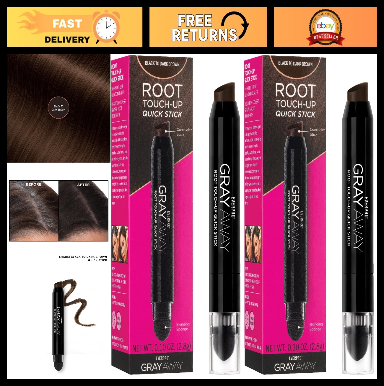 Root Touch Up Quick Stick, Black/Dark Brown, Gray Hair Concealer, 0.1 Oz, 2 Pack