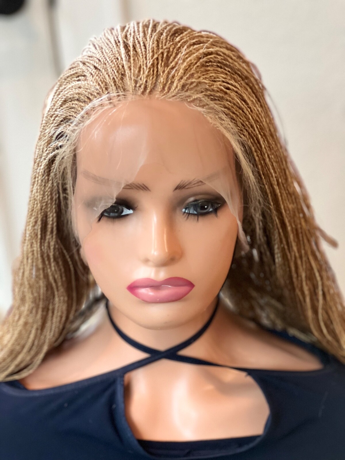BRAIDED MICRO TWIST WIG . Made on a full lace wig.length is 26 Golden blonde.