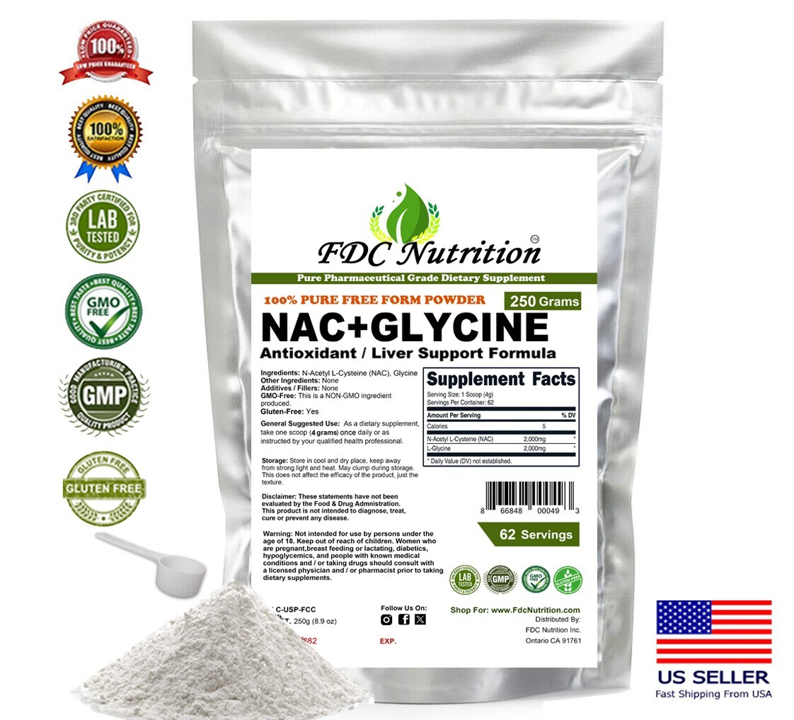 FDC NUTRITION NAC + Glycine Pure Powder (250 Grams) Unflavored – Vegan