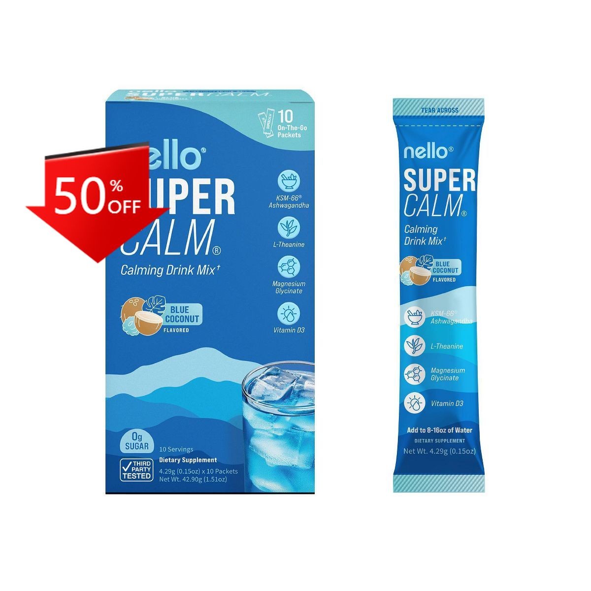 Nello Supercalm Calming Drink Mix Supplement Powder – Blue Coconut – 10ct