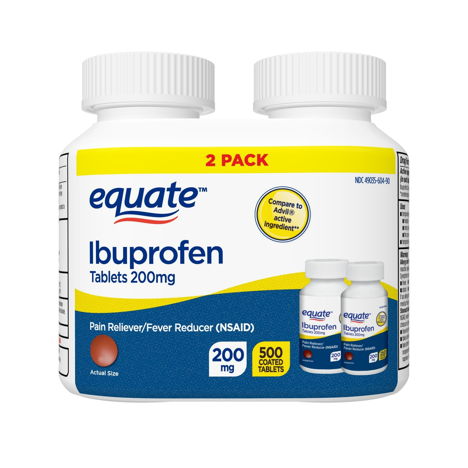 Equate Ibuprofen 200mg Tablets Bulk Pain Reliever 500 Count (2×250)