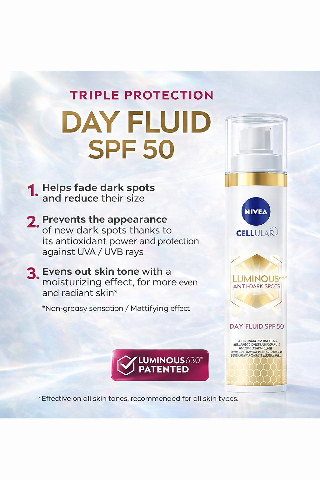 NIVEA Luminous 630: Anti-Dark Spot Facial Fluid SPF 50 with Hyaluronic Acid and