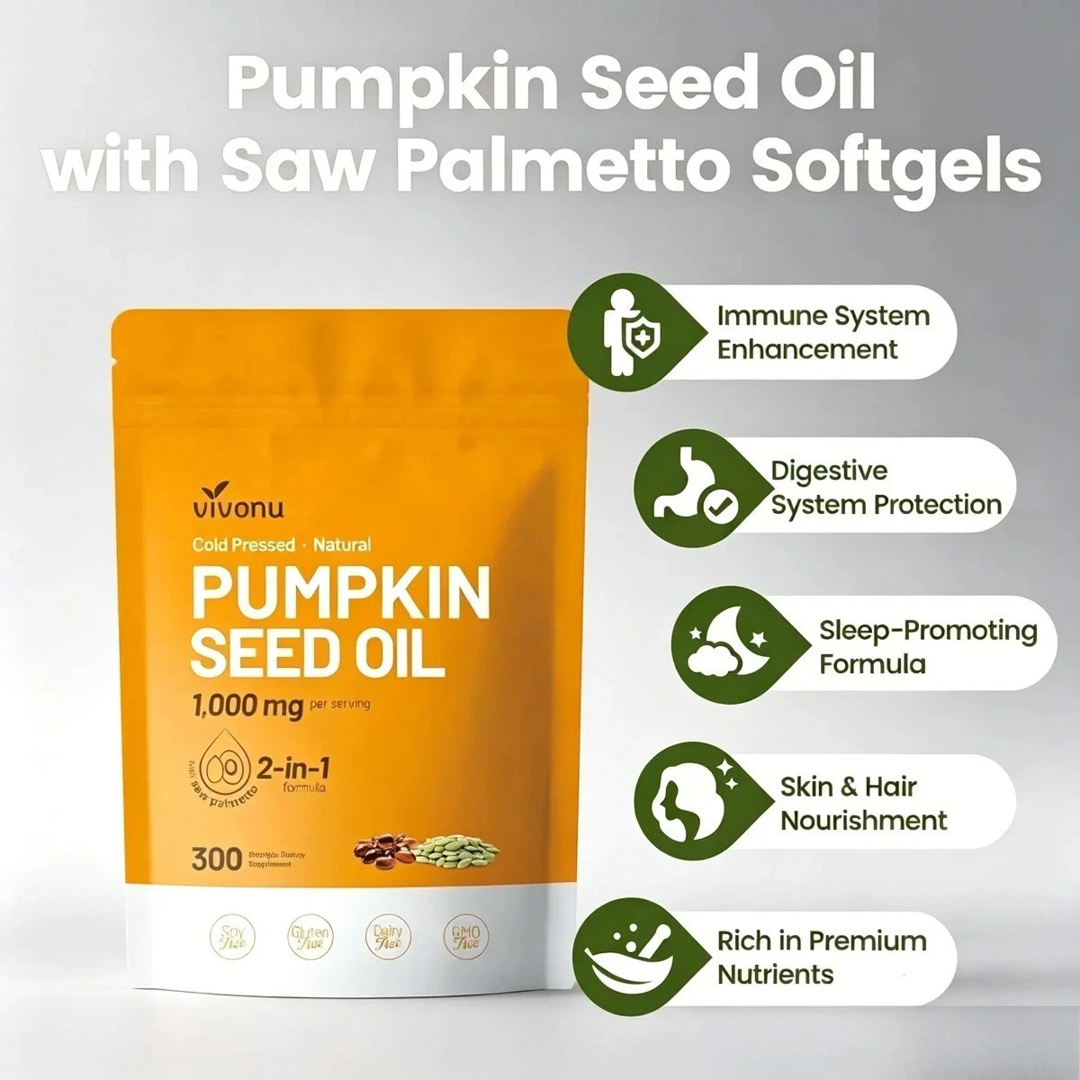 VivoNu NutriFlow Pumpkin Seed & Saw Palmetto, 300 Cold Pressed Softgels