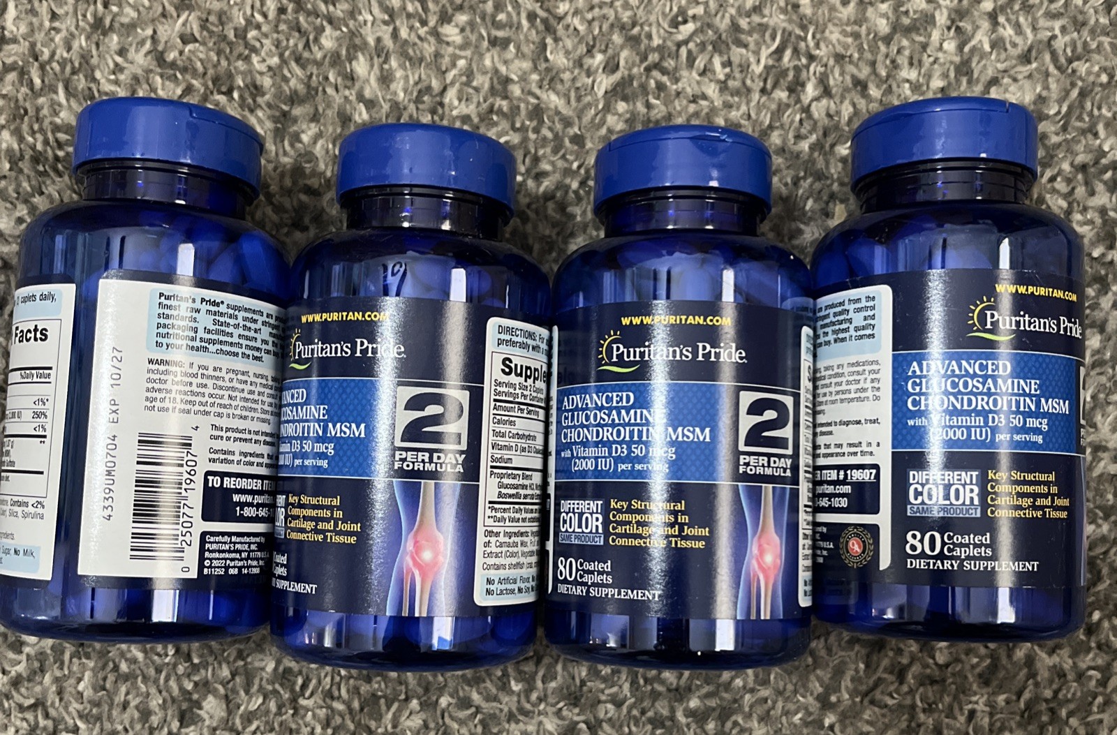 4 Bottle LOT Puritan’s Pride Glucosamine Chondroitin Vitamin D3-160 -320 Caplets