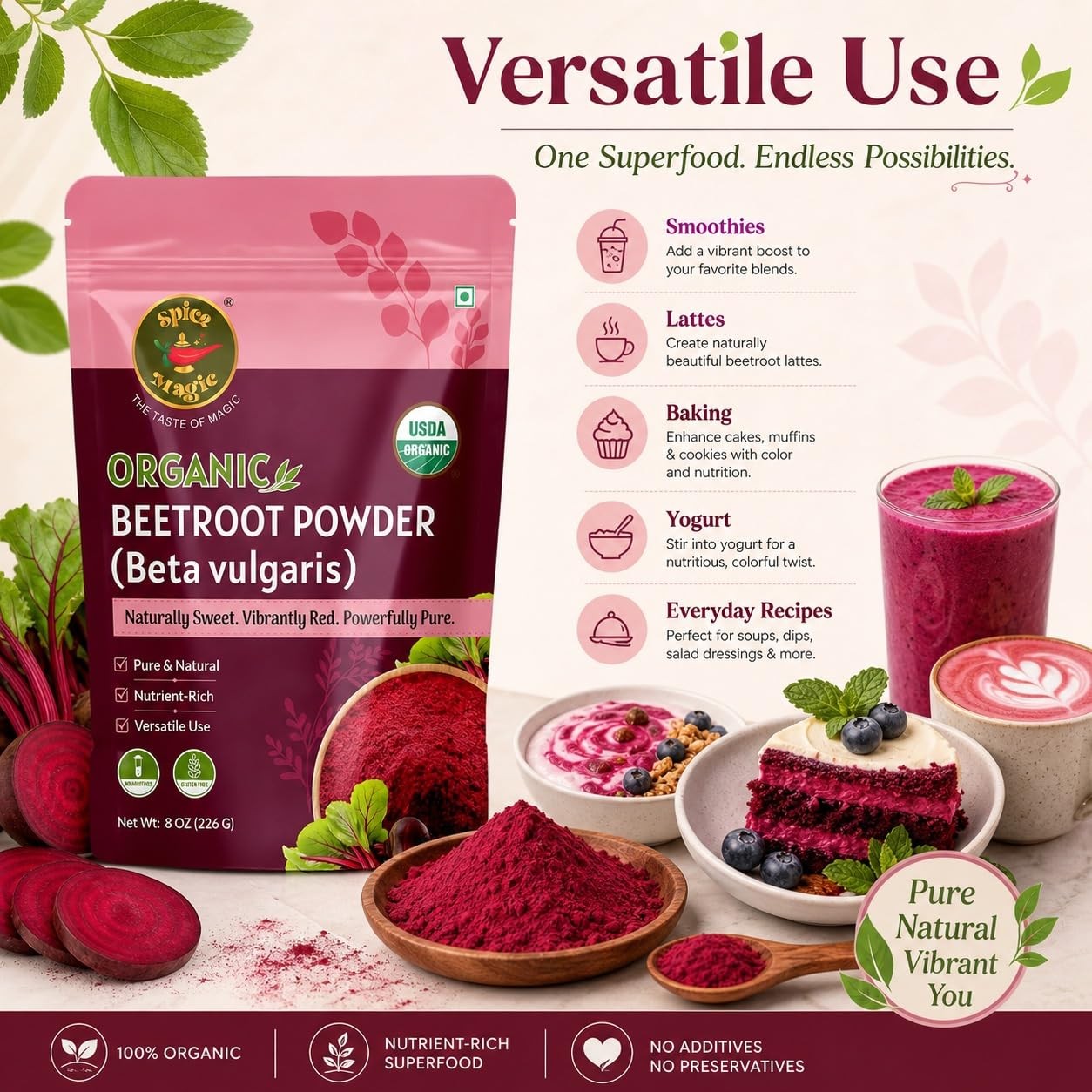 Spice Magic Organic Beet Root Powder, for Smoothies, Baking & Juice, 8 oz