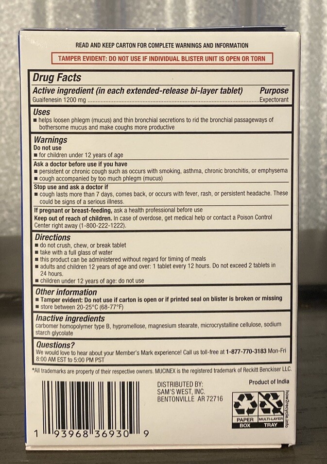 Guaifenesin Expectorant Maximum Strength 56 Tabs 1200mg Compare Mucinex