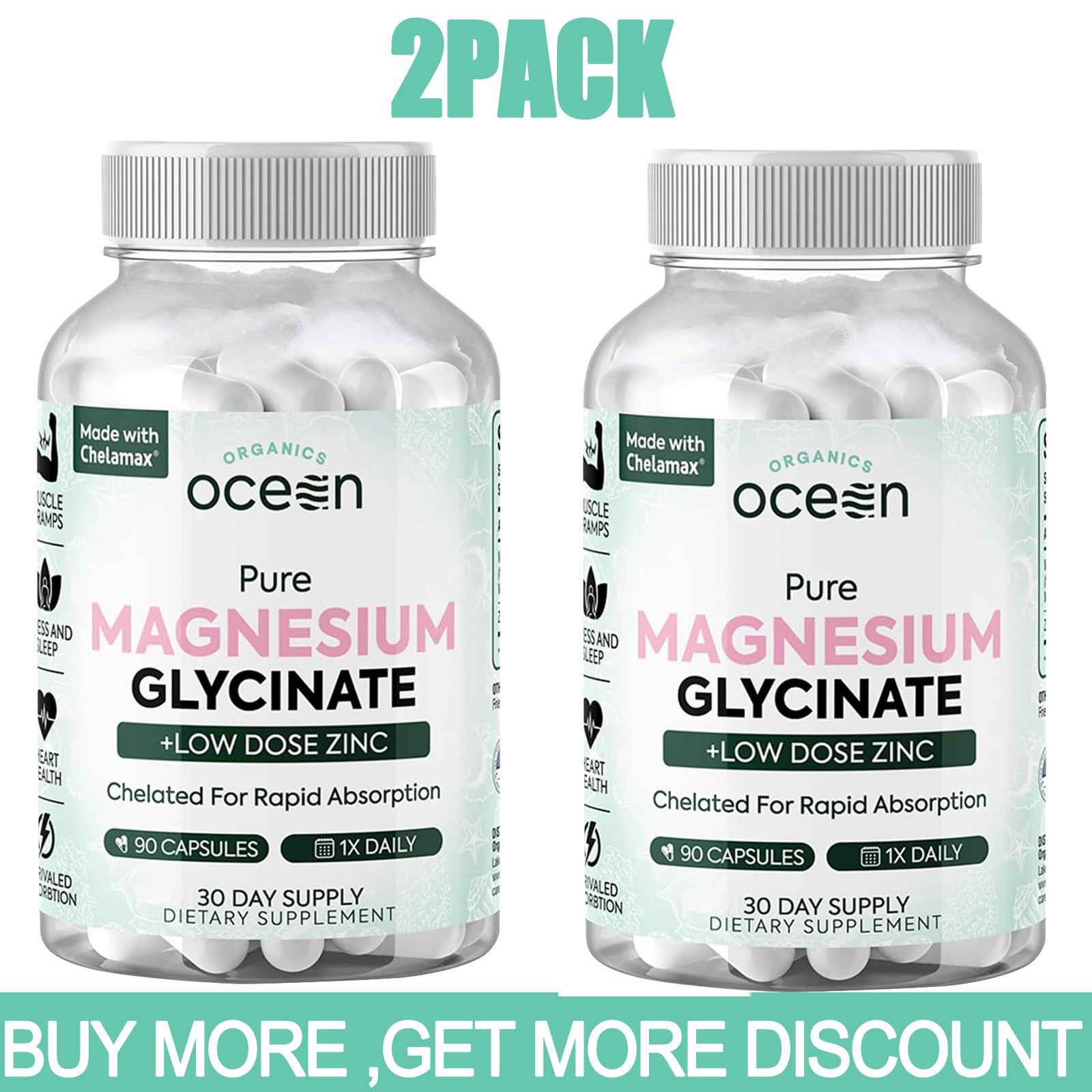 2Pack Ocean Organics Pure Magnesium Glycinate Low Dose Zinc Chelated 90 Caps …