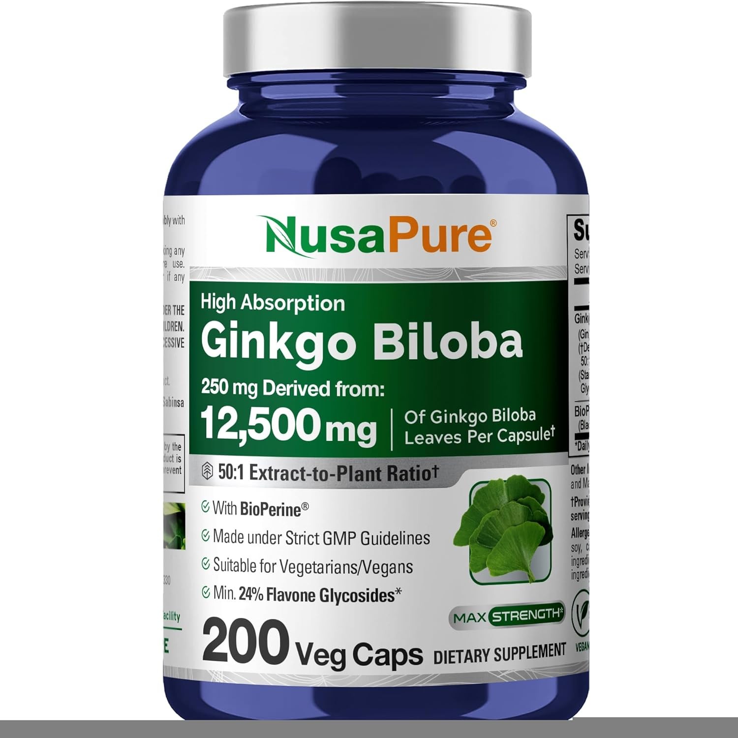 NusaPure Ginkgo Biloba 50:1 Extract, 250 mg Equivalent to 12,500 per…