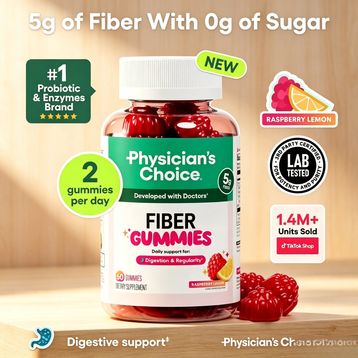 Physician’s Choice Fiber Gummies – Digestive Health & Regularity,Raspberry Lemon