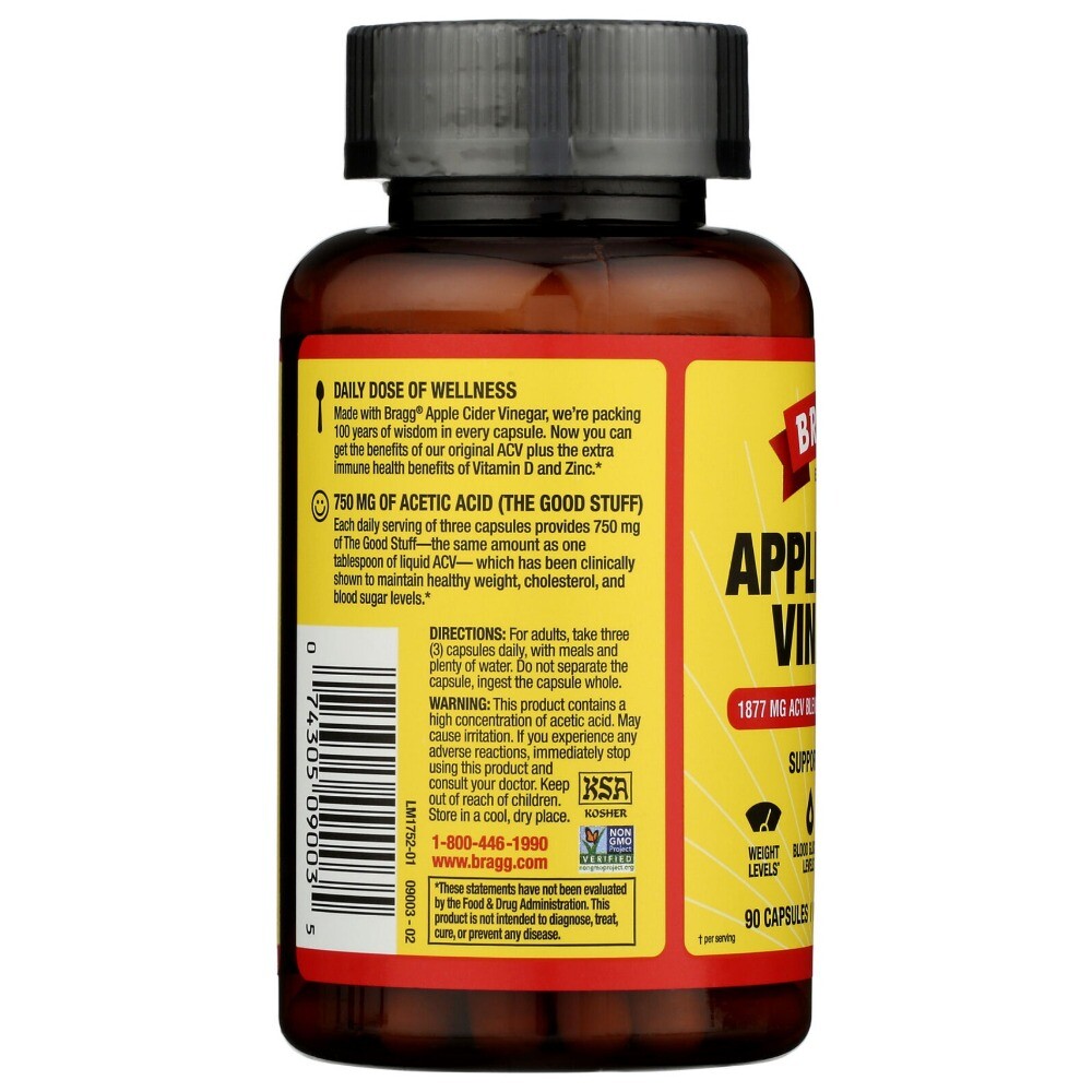 Bragg Apple Cider Vinegar Immune System Support Vitamin D3 Zinc 90 Capsules