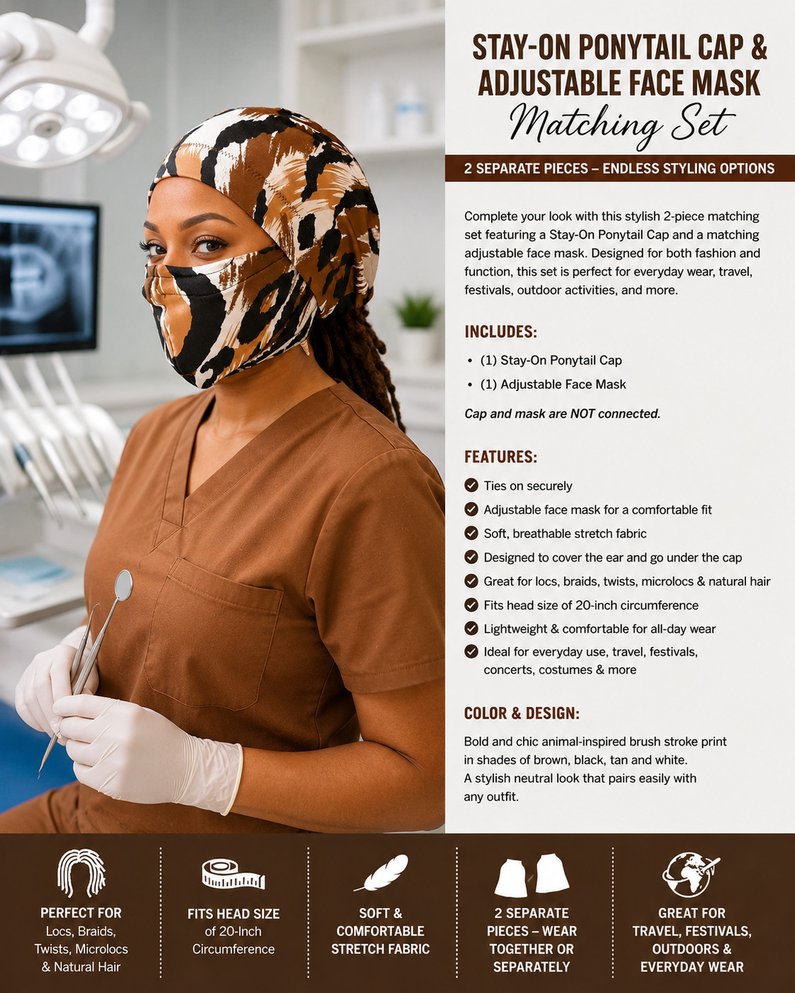 Naturalista Stay on Ponytail Cap & Face Mask for Dentists with Dreadlocks Braids